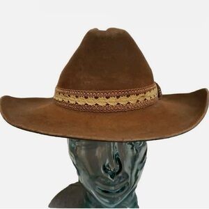 Stetson Vintage Western Hat 7 1/8 3X Beaver Brown Team Roper Cloth Hat Band